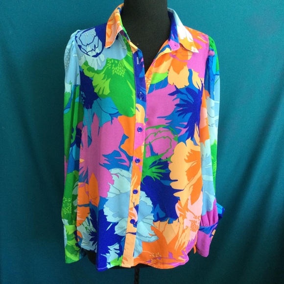 Shein Colorful Artsy Oversize Button Up Blouse Boho Chiffon Sheer Disco - Picture 9 of 13